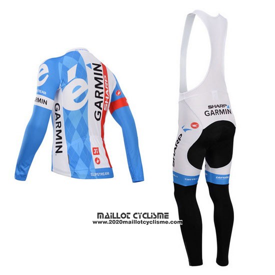 2014 Maillot Ciclismo Garmin Sharp Bleu Clair et Blanc Manches Longues et Cuissard